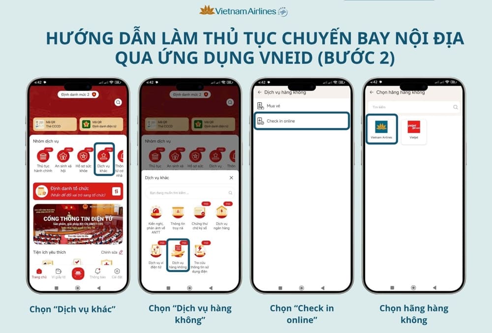Qu&yacute; kh&aacute;ch l&agrave;m thủ tục check-in online tại phần &ldquo;Dịch vụ kh&aacute;c&rdquo;, mục &ldquo;Dịch vụ h&agrave;ng kh&ocirc;ng&rdquo; tr&ecirc;n ứng dụng VNeID